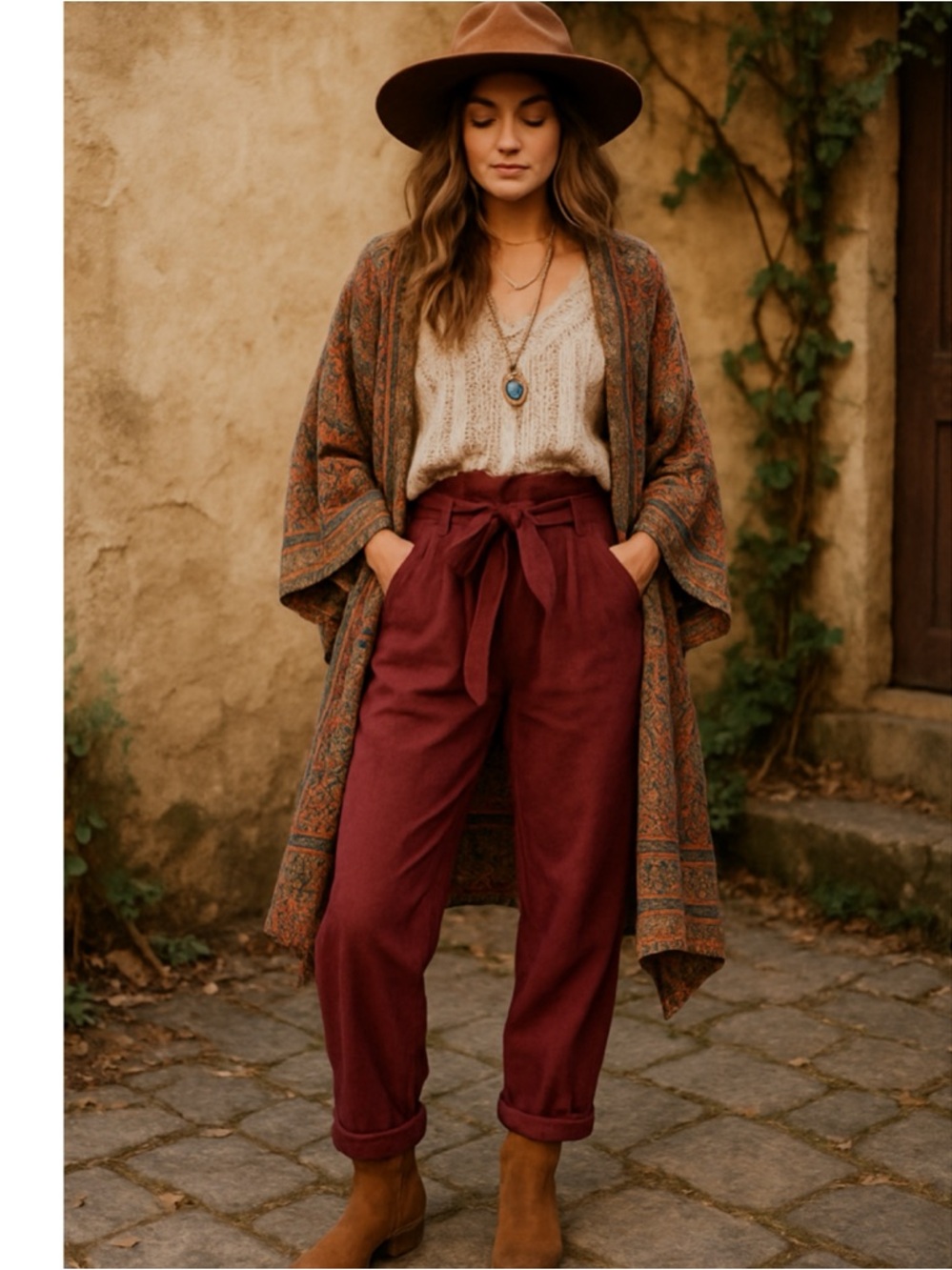 Free People Nightfall Paperbag Pants Suede Tie Waist Burgundy NWT